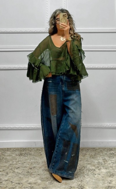 Boho μπλούζα με βολάν χακί