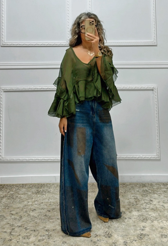 Boho μπλούζα με βολάν χακί