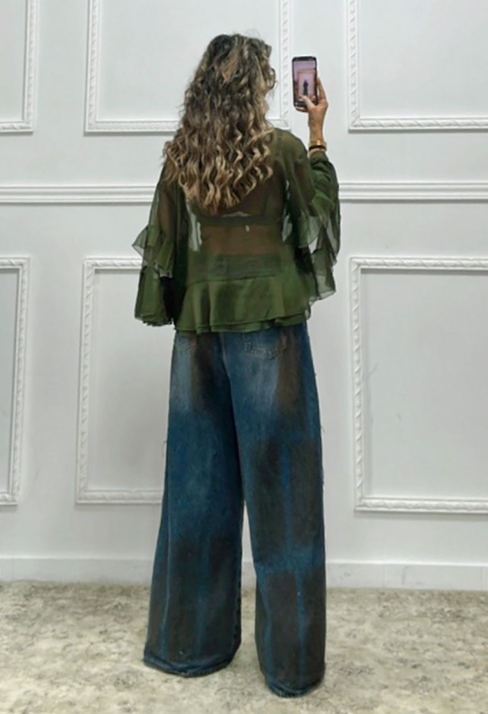 Boho μπλούζα με βολάν χακί