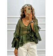 Boho μπλούζα με βολάν χακί