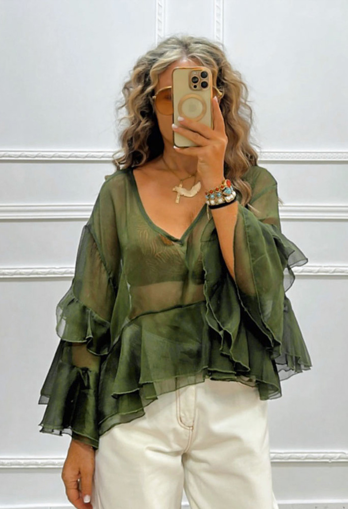 Boho μπλούζα με βολάν χακί