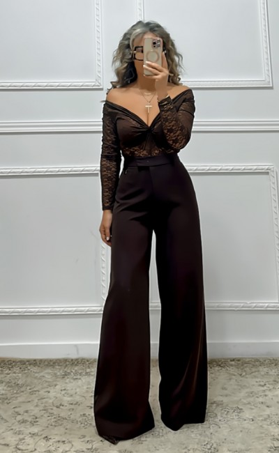 Κορμάκι δαντέλα καφέ