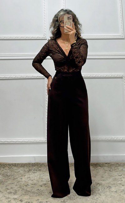 Κορμάκι δαντέλα καφέ