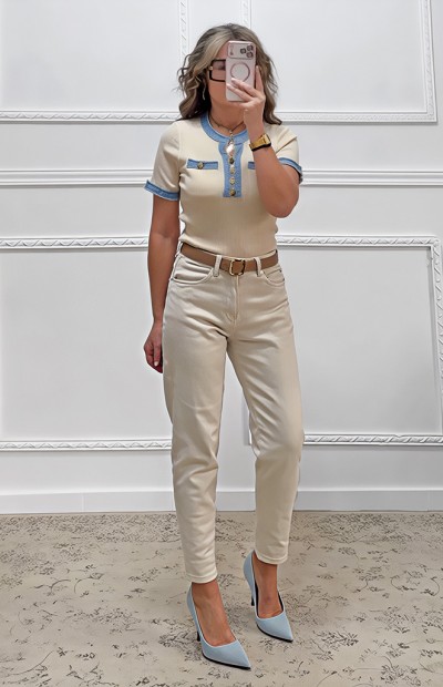 Μπλούζα με τζιν λεπτομέρειες μπεζ