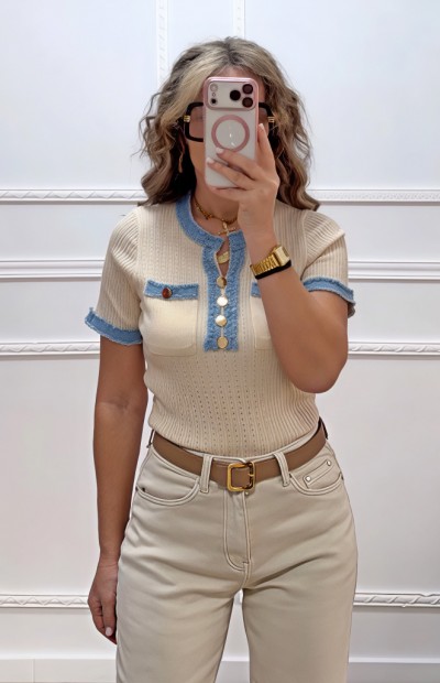 Μπλούζα με τζιν λεπτομέρειες μπεζ