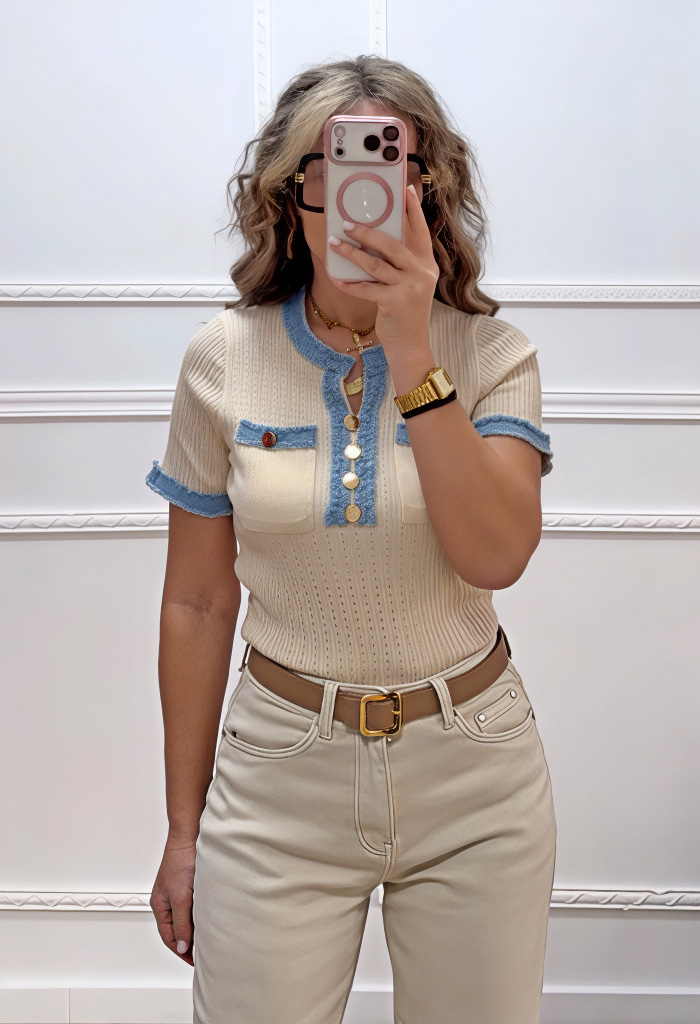 Μπλούζα με τζιν λεπτομέρειες μπεζ