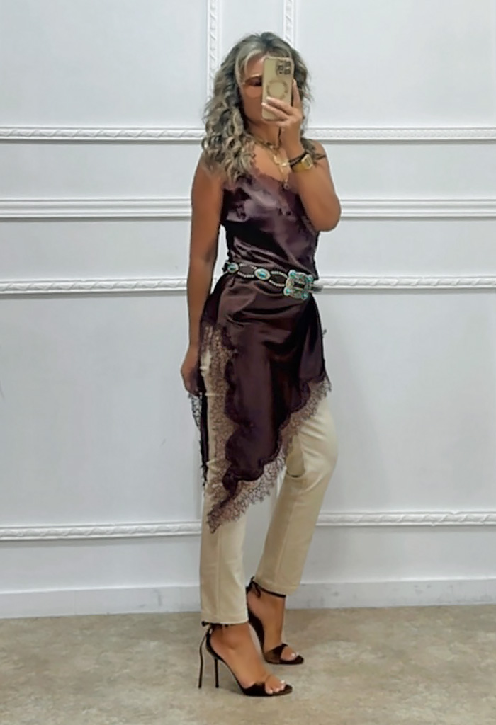 Σατέν μπλουζοφόρεμα με δαντέλα