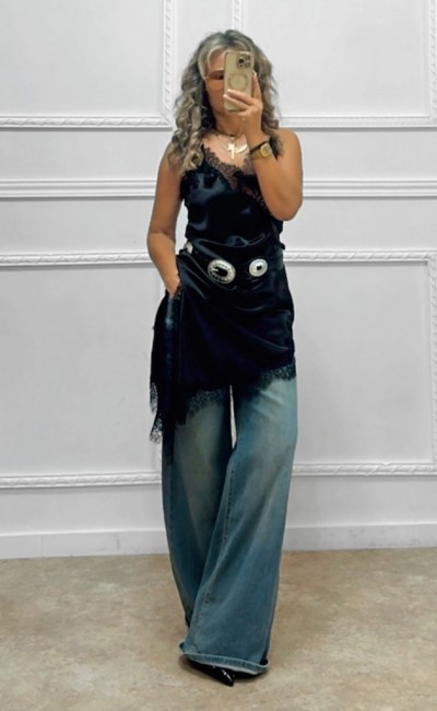 Σατέν μπλουζοφόρεμα με δαντέλα