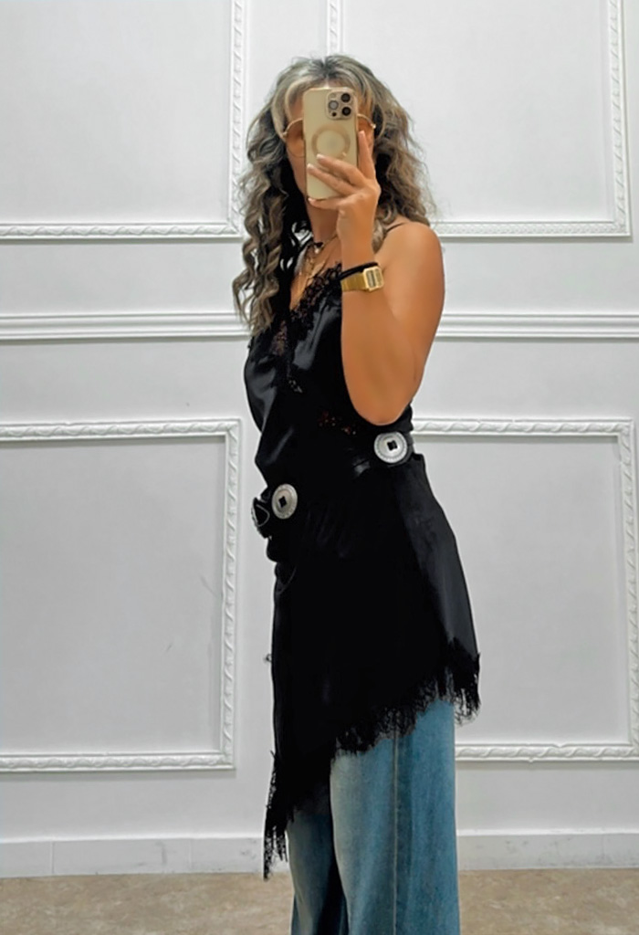 Σατέν μπλουζοφόρεμα με δαντέλα