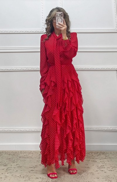 Φόρεμα με βολάν κόκκινο πουά