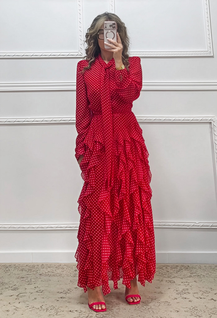 Φόρεμα με βολάν κόκκινο πουά