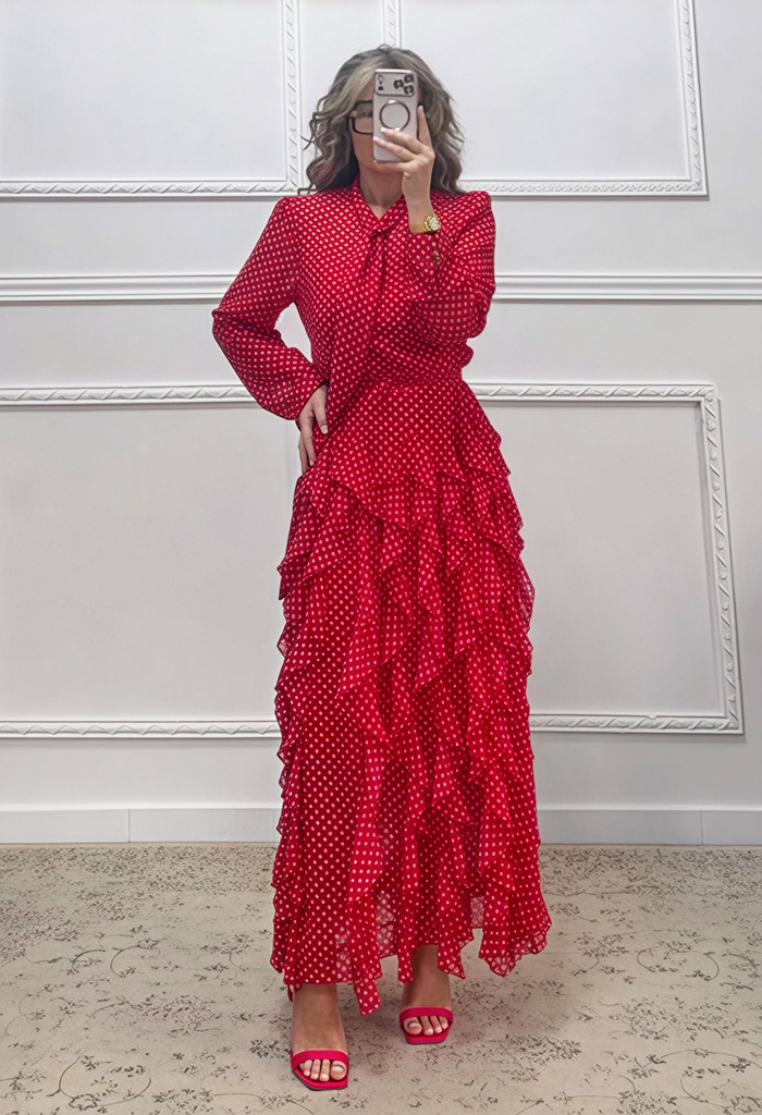 Φόρεμα με βολάν κόκκινο πουά