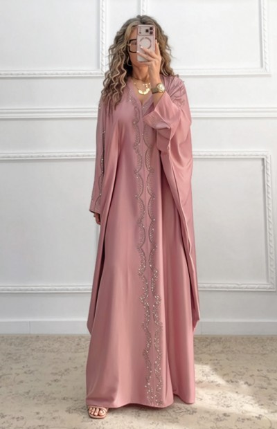 Καφτάνι με στρας ροζ nude