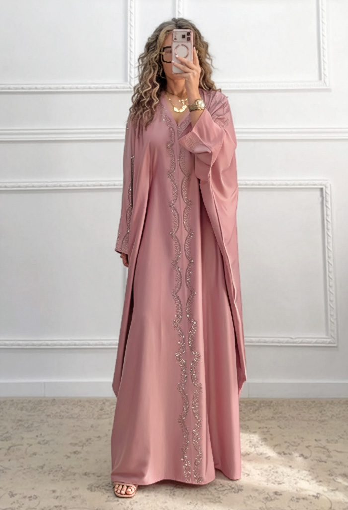 Καφτάνι με στρας ροζ nude