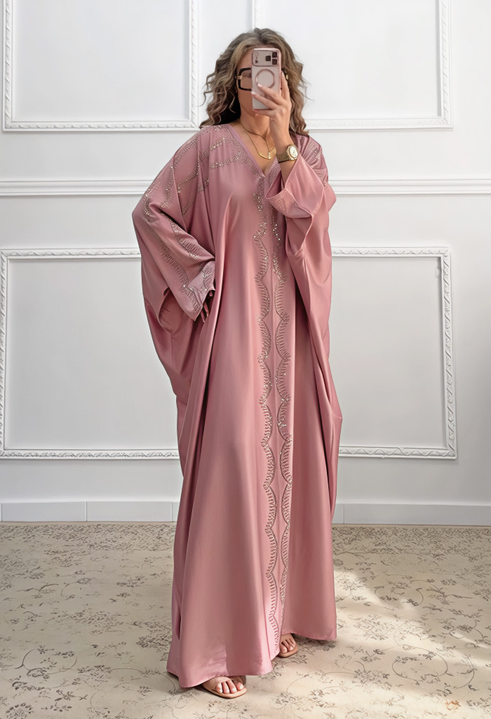 Καφτάνι με στρας ροζ nude