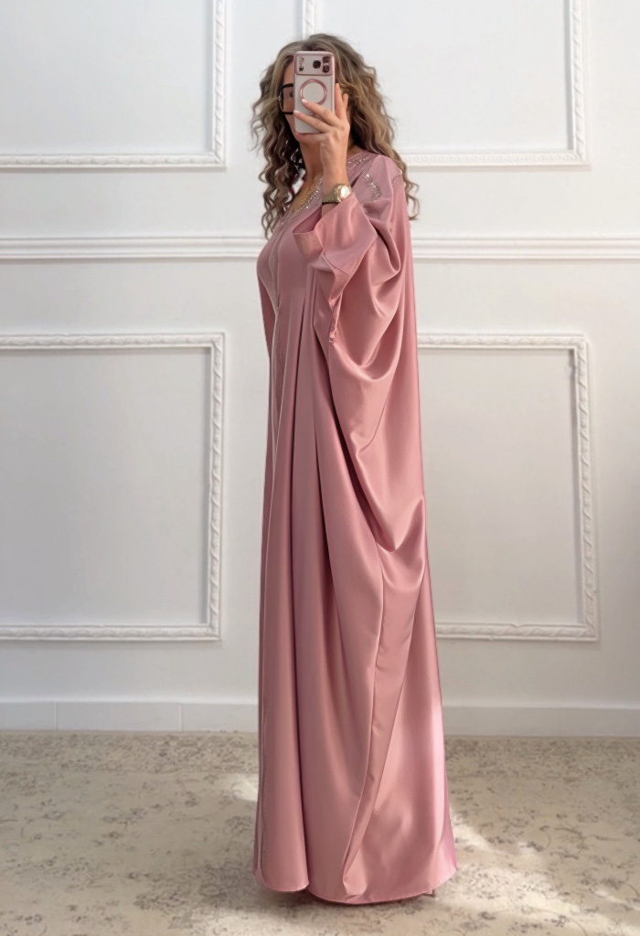 Καφτάνι με στρας ροζ nude