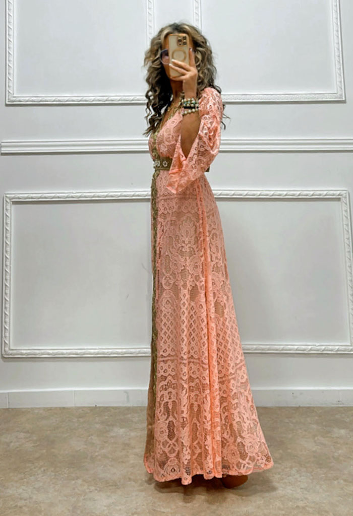 Maxi φόρεμα από δαντέλα nude