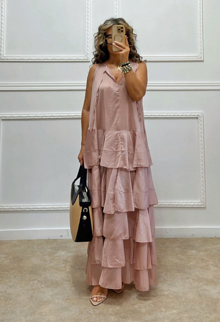 Boho φόρεμα με βολάν nude