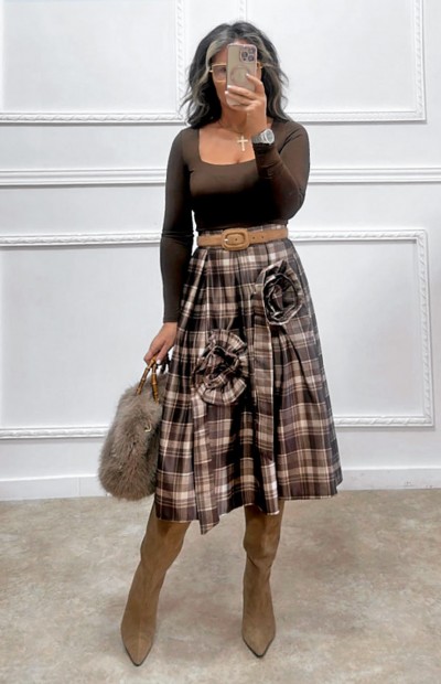 Midi καρό φούστα καφέ