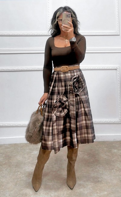 Midi καρό φούστα καφέ