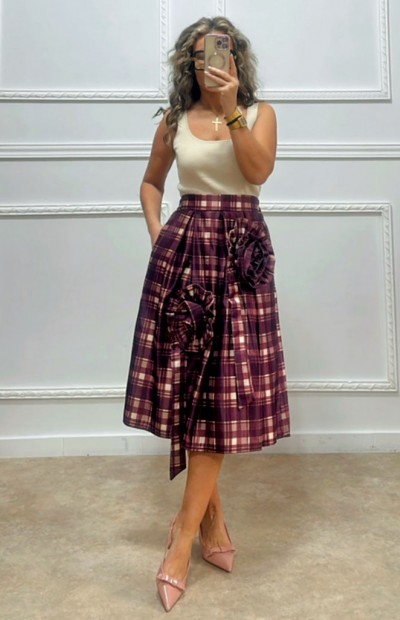 Midi καρό φούστα μπορντό