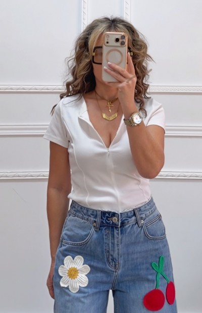 Μπλουζάκι με φερμουάρ λευκό