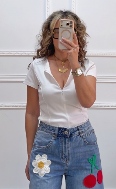 Μπλουζάκι με φερμουάρ λευκό