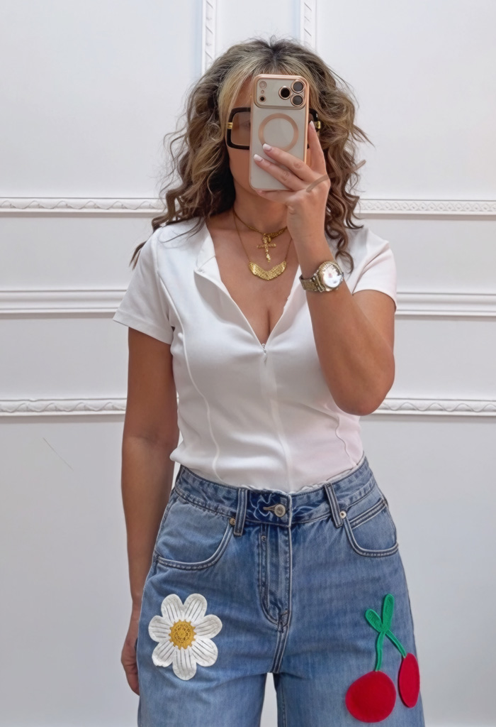 Μπλουζάκι με φερμουάρ λευκό