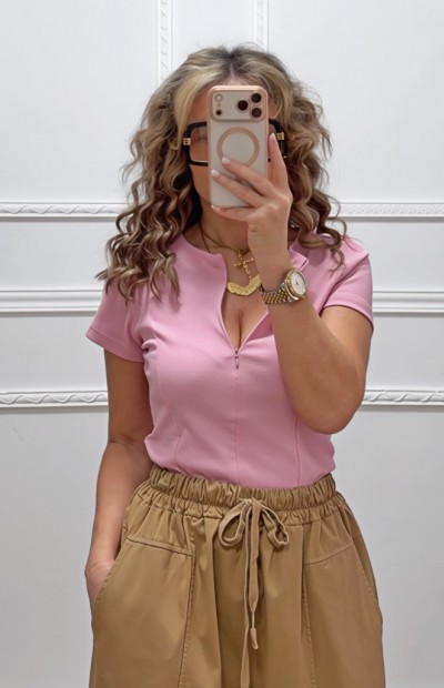 Μπλουζάκι με φερμουάρ ροζ