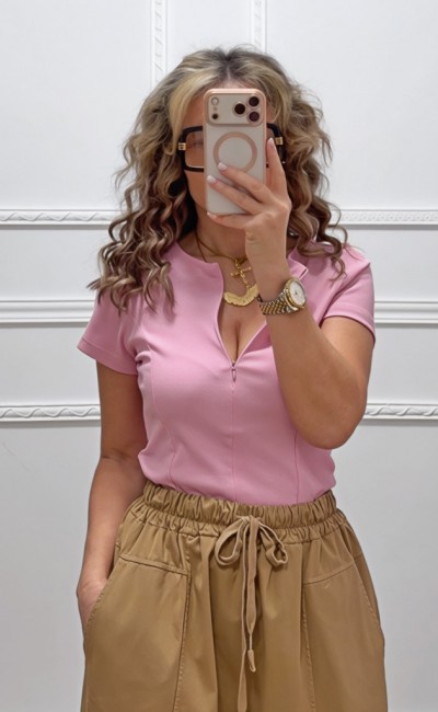 Μπλουζάκι με φερμουάρ ροζ