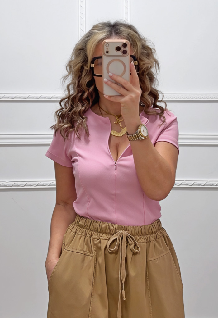 Μπλουζάκι με φερμουάρ ροζ