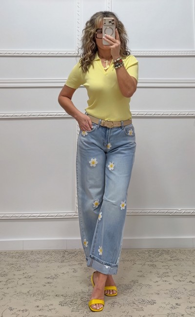 Denim παντελόνι με μαργαρίτες